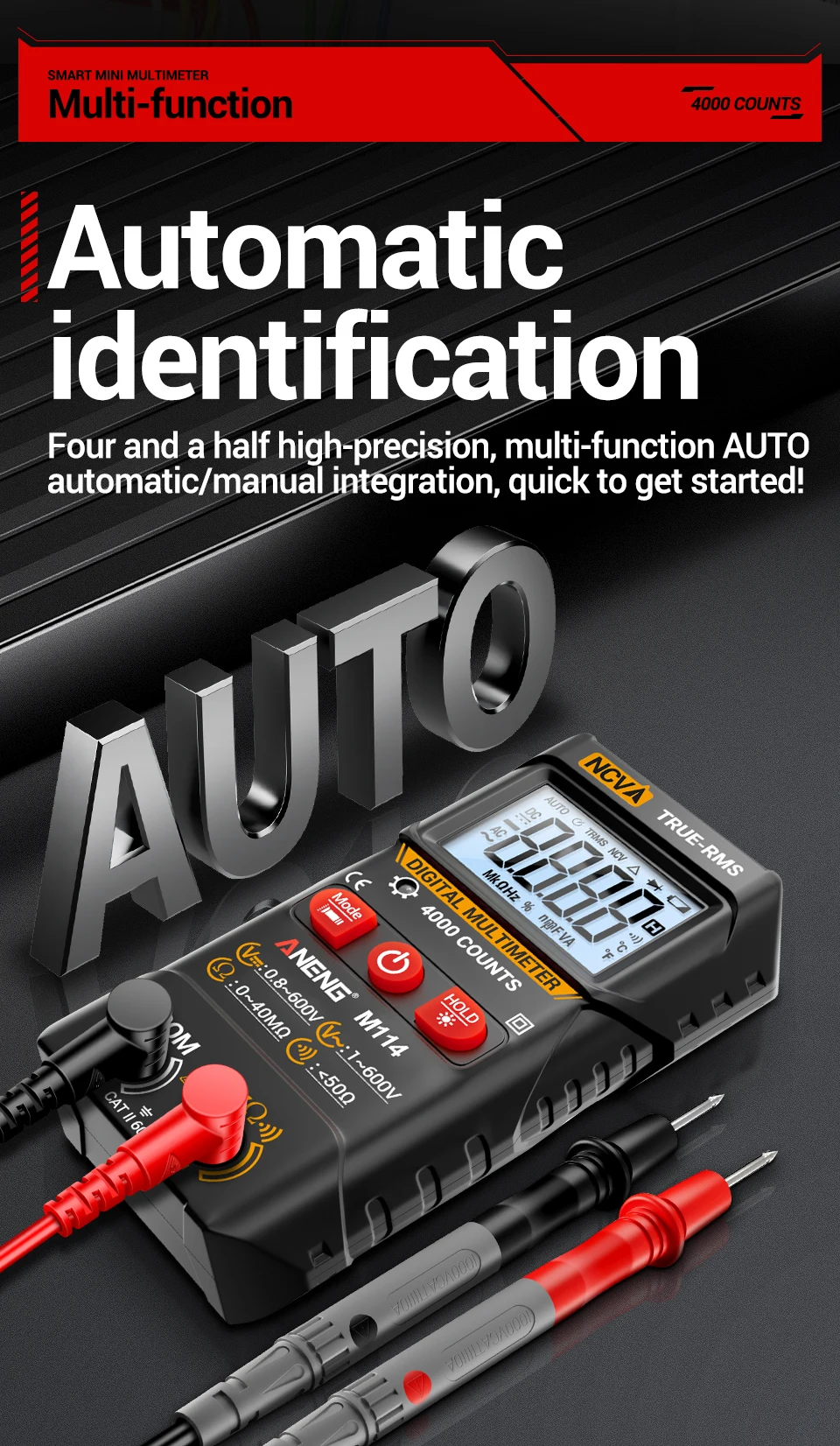 Digitales Multimeter ANENG M114 4000 Messungen AC-Spannungstester Intelligentes Strommessgerät Auto NCV Widerstandsmessung mit Signalton Amperemeter Testwerkzeug – Detail 8