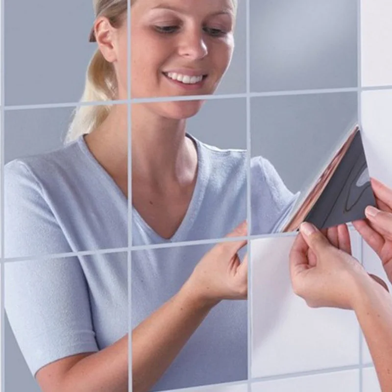 16Pcs Square Acrylic Mirror Self Adhesive Removable Flexible Non Glass Mirror Wall Stickers Bedroom Home Wall Decals Art Decor