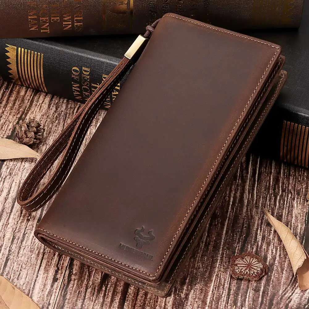 HUMERPAUL Men Wallets Genuine Leather Male Long Clutch with Phone Pocket RFID Blocking Cards Holder Large Capacity Storage Bags images - 6