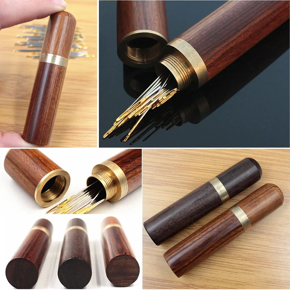 Description Picture 3 of itemDIY Sewing Needles Holder Storage Tube Wooden Box Hand Sewing Needles Case Leather Knitting Embroidery Mending Needles Container