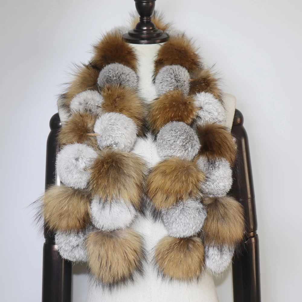 New Winter Women Real Rabbit Fur And Raccoon Fur Scarf Natural