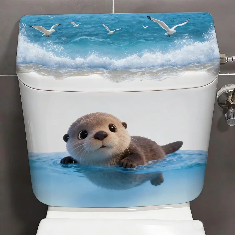 Cute Otter Ocean Wave Toilet Tank Sticker - Vinyl Wall Art