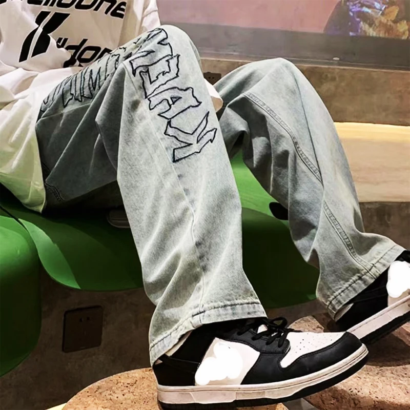 Men's Women Hip Hop Male Black Printed Y2K Baggy Jeans Man Retro Vintage Denim Pants Straight Trousers Wide Leg Pants For Men