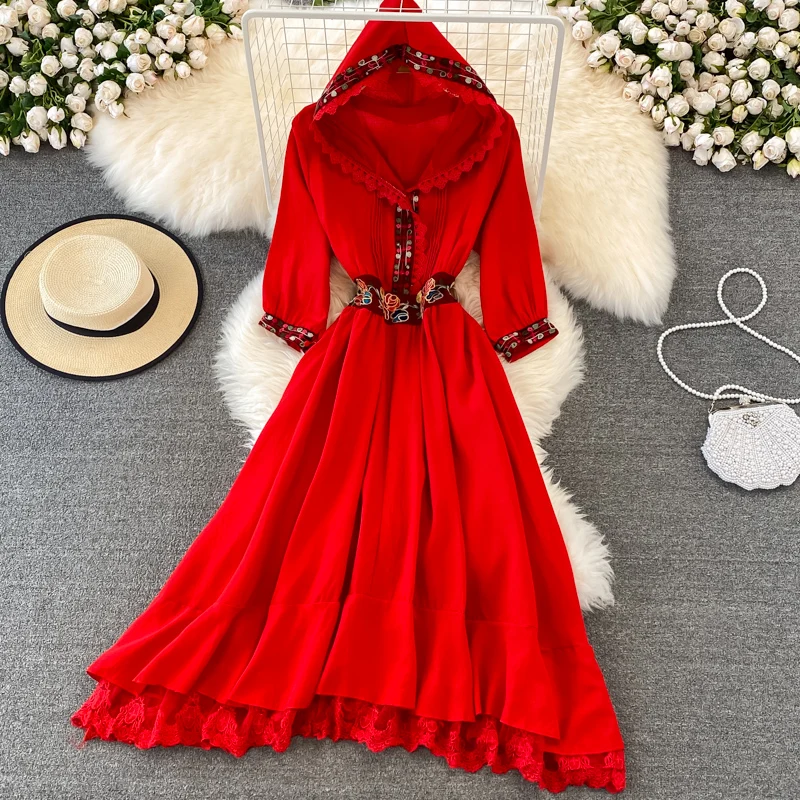 

Women's Runway Fashion Spring Summer Long Sleeve Red Hooded Dress Female High Waist Chic Party A-line Beach Dress TB2604