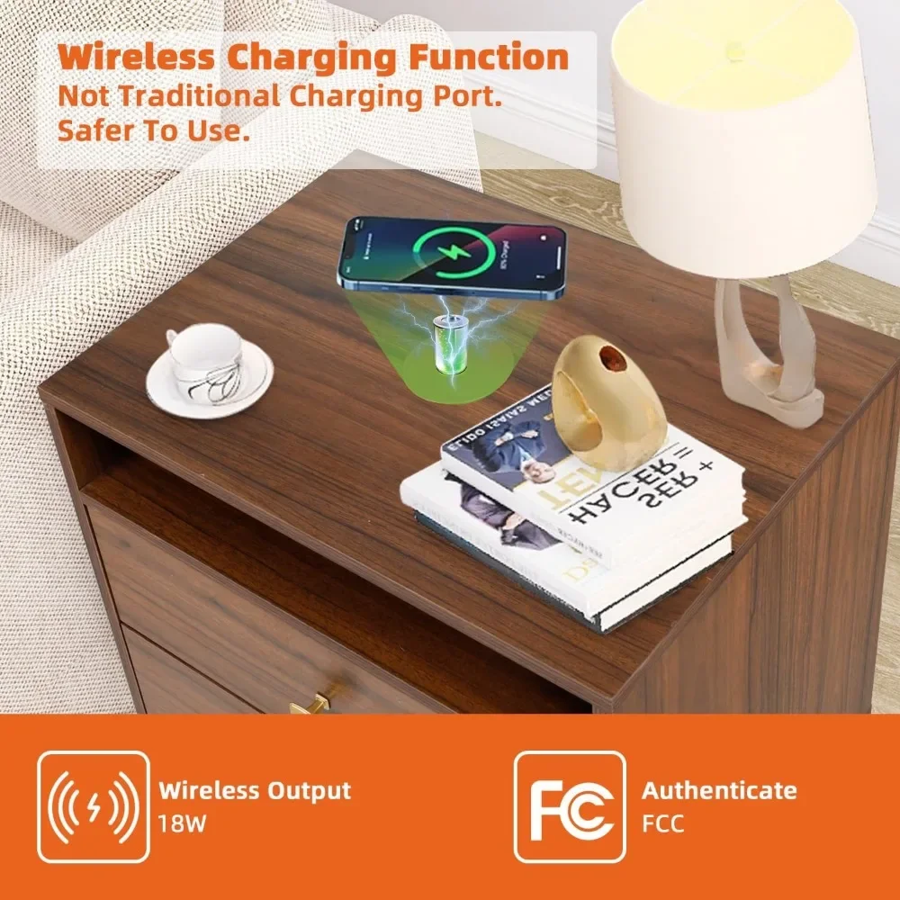 Nightstands Set of 2 with Wireless Charging Function, Wood Night Stands 2 Sets with Drawers and Open Shelf Storage