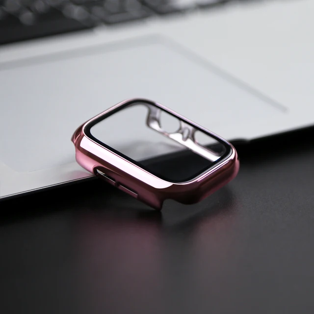 360 Full Cover for Apple Watch 45mm 41mm 44mm 40mm 42mm 38mm, Plating Case Glass Screen Protector for iwatch SE 7 6 5 4 3 2 1 Pink