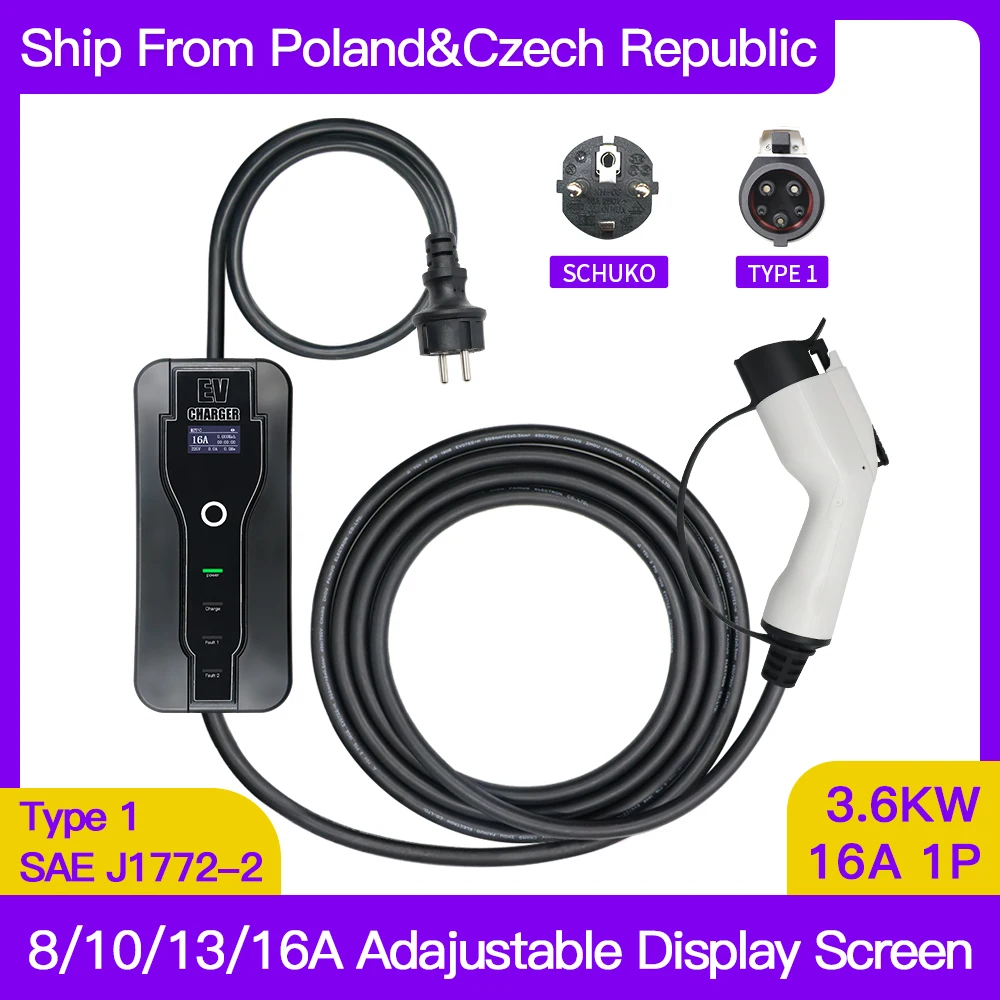 Type1 Sae J1772 Eu Plug Evse Scatola Di Ricarica 16A 3.6Kw Wallbox Caricatore Ev Portatile A Corrente Regolabile Per Auto Elettrica
