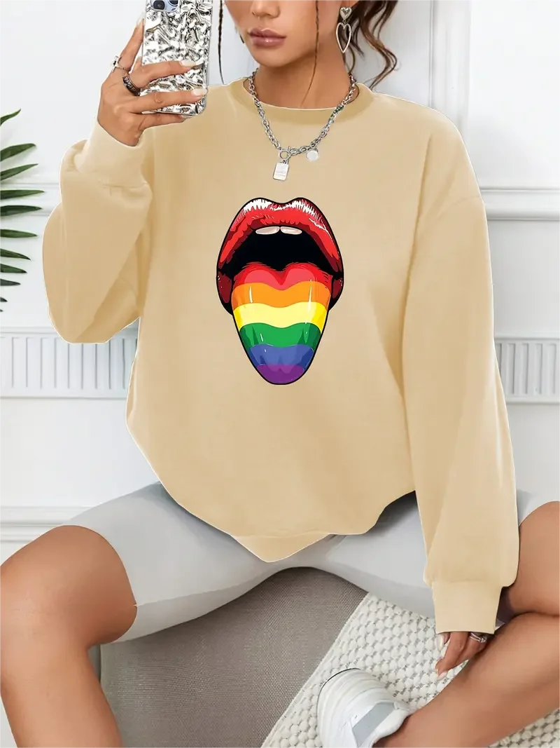 Colorful Rainbow Tongue Print Pullover Casual Loose Fashion Long-Sleeved Sweatshirt Solid Color Women's Clothing