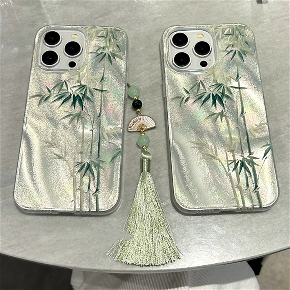 Chic Green Bamboo Feather Yarn Texture Case - Stylish & Durable Protection