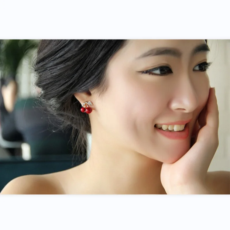 Cherries Earrings Crystal Metal Stud Leaf for Women Jewelry