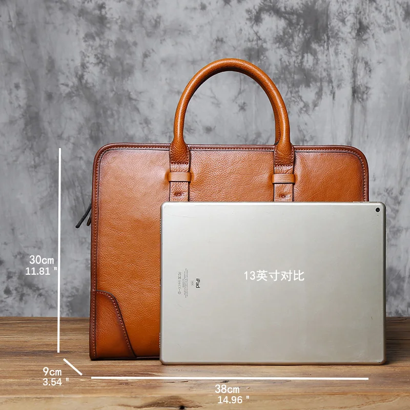 NZPJ Genuine Leather Men Briefcase Natural Cowhide Handbag Vintage Casual Computer Bag Fashion Crossbody Bag For 15 Inch Laptops
