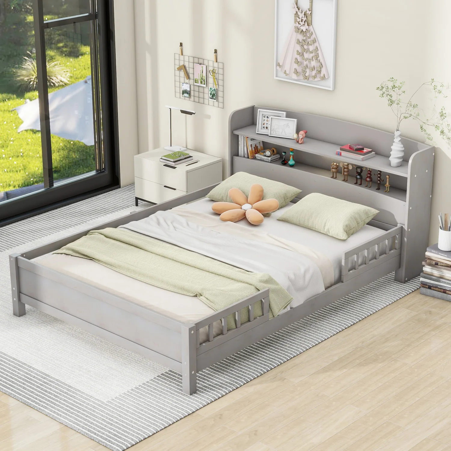 

Wood Full Size Platform Bed with Built-in LED Light, Storage Headboard and Guardrail, Antique Grey