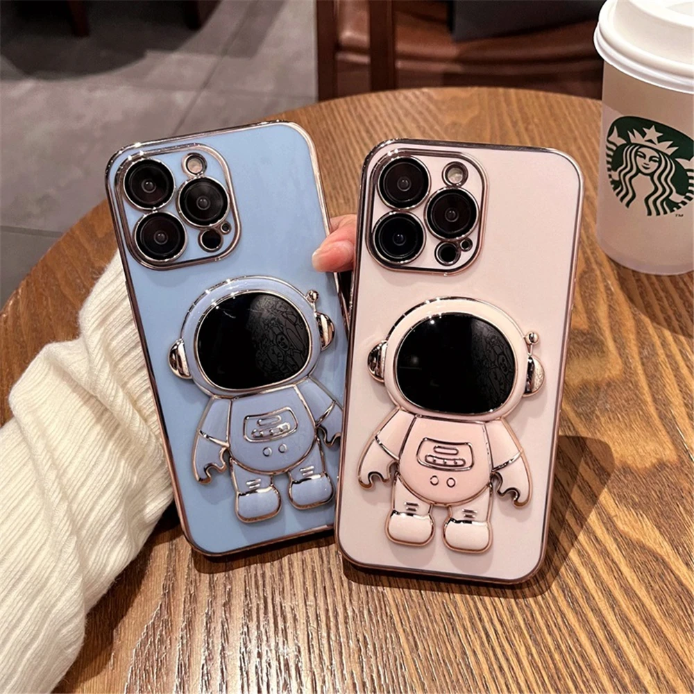 iphone 13 pro max cover Luxury Plating 3D Astronaut Folding Stand Case For iPhone 11 12 13 Pro Max X XR XS Max 7 8 Plus Camera Lens Protection TPU Cover iphone 13 pro max case leather