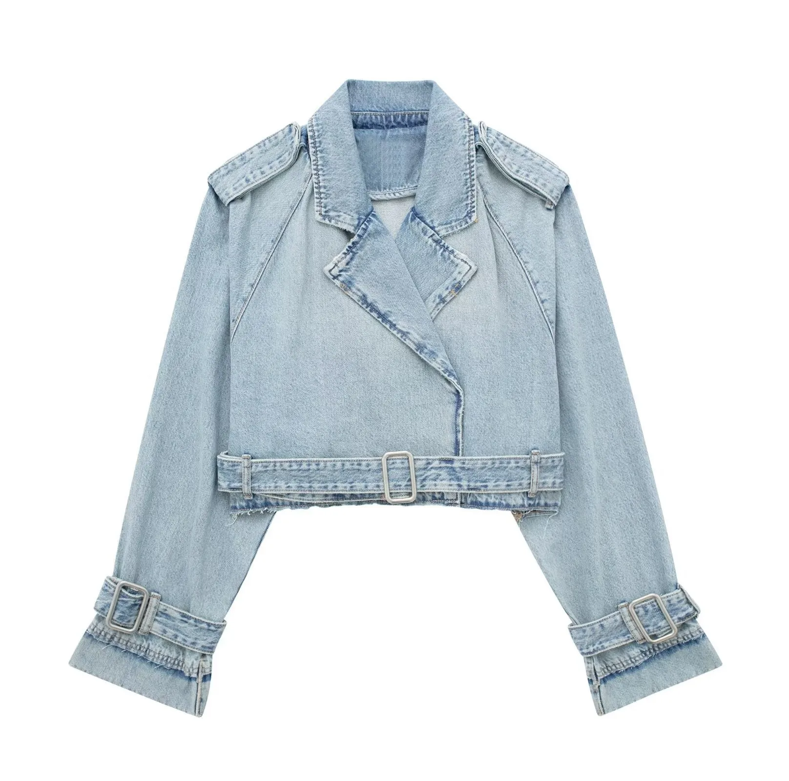 Autumn Lapel Notched Collar Washing Blue Denim Jacket Vintage Women Hem Buckle Belt Draped Jean Coat Cool Outerwear 3 Color picture