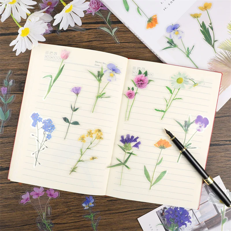 40pcs Flower Stickers Pack Waterproof Transparent PET Tulip Butterfly Stickers DIY Diary Scrapbook and Stamping Album Decorative