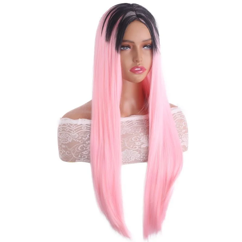 여성 가발 긴 가발 Bla&Pink 합성 머리 가발 여성용 스트레이트 가발+가발 캡