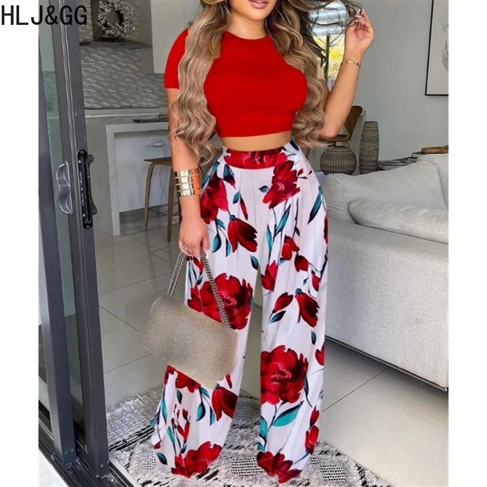 

HLJ&GG Elegant Lady Round Neck Short Sleeve Crop Top And Wide Leg Pants Outfits Fashion Women Print Matching Two Piece Sets 2023