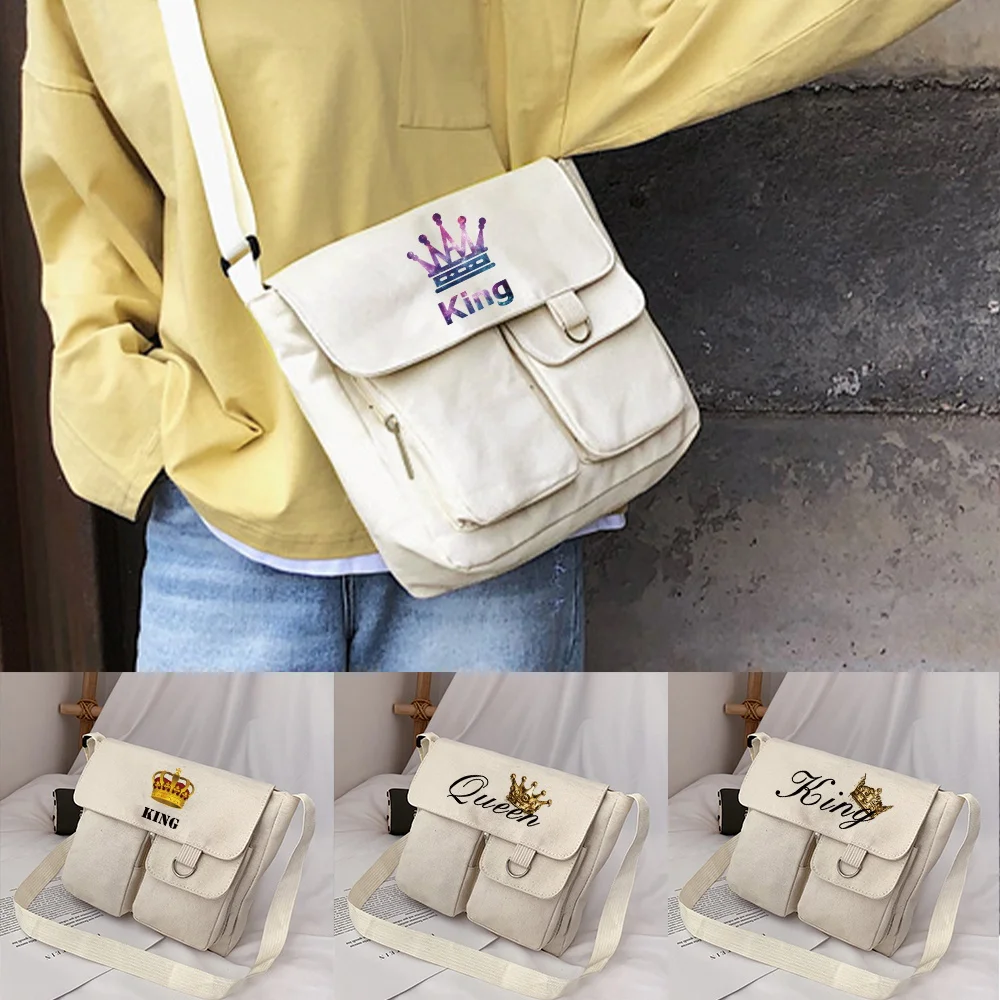 

Shoulder Bag Youth Japanese Harajuku Style Wild Crossbody Bags Women Casual Canvas Packet King Queen Print Satchels Postman Case