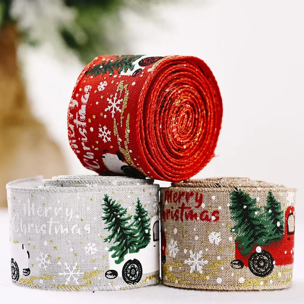 Christmas Wired Ribbons 2m Buffalo Plaid Ribbons Vintage Truck Trees Wired Edge Ribbon for Xmas DIY Wrapping Floral Craft
