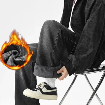 Men's Thick Fleece Loose Jeans Men's Fashion Casual Solid Color Drawstring Straight Denim Trousers Male Clothing Plush Clothing