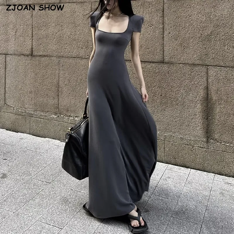 2023 Sexy U Collar Short Sleeve With Shoulder Pad Maxi Long Dress Women ...