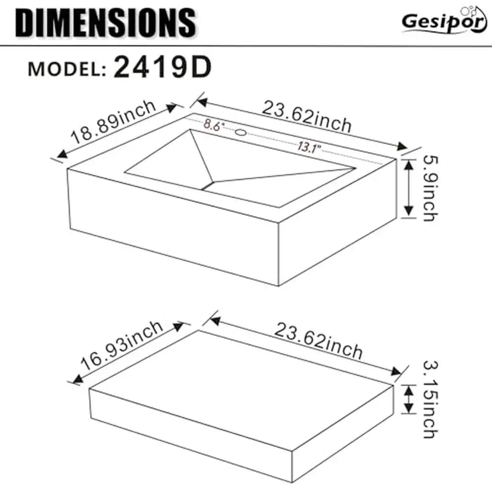 Modern Wall-Mount Rectangular Bathroom Sink Floating Vanity Shelf Set Stone Resin Vessel Sinks White Trough Drainage Smooth