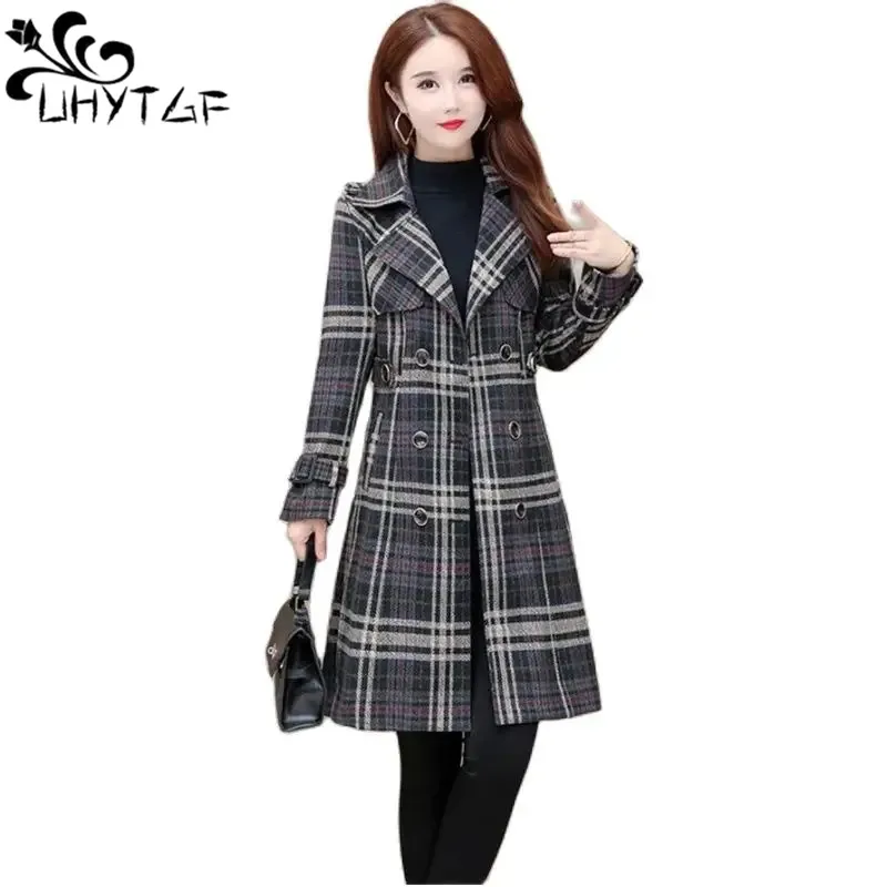 

Plaid Woolen Coat Women's Mid-Length Double-Breasted Slim Ladies Jacket Autumn Blended Tweed Woolen Cloth Outerwear Female 2875