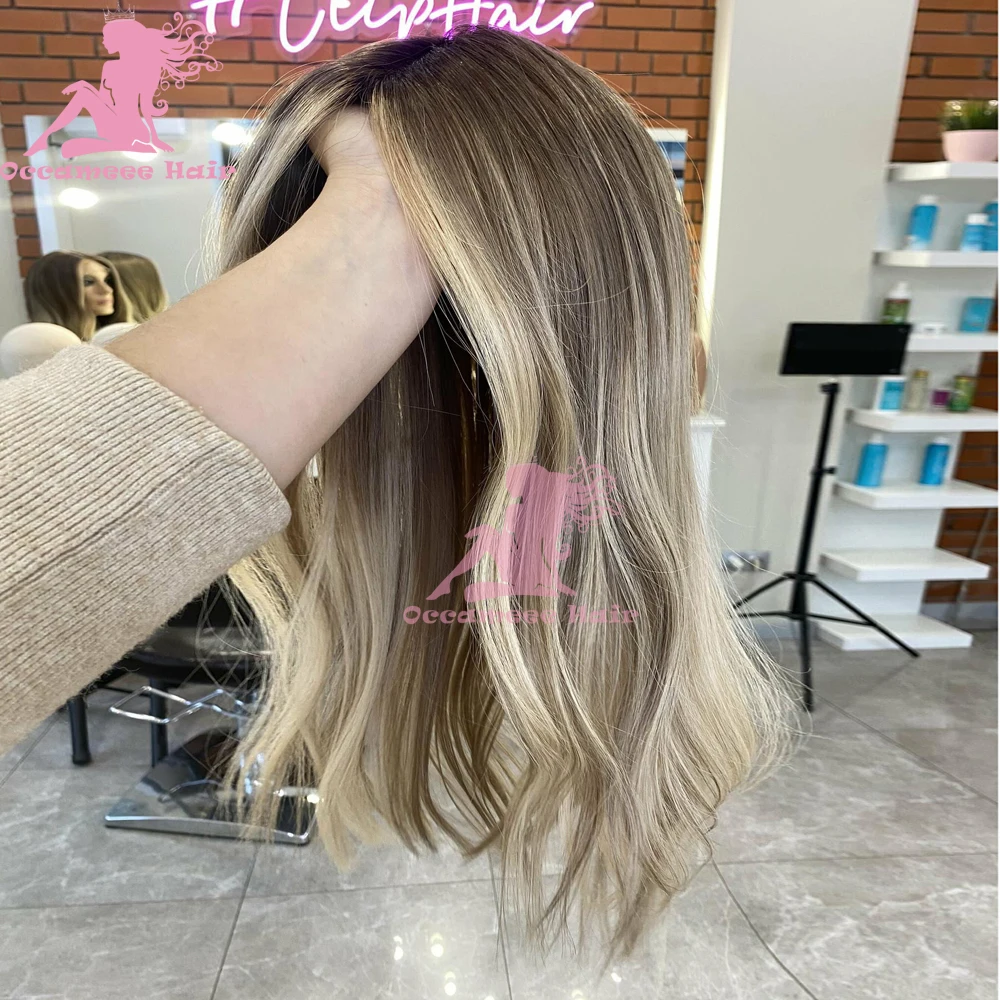 Human Hair Wigs Ash Blonde Highlights Dark Brown Full Lace Wigs Human Hair 13x6 360 Lace Frontal Wig Natural Wavy for