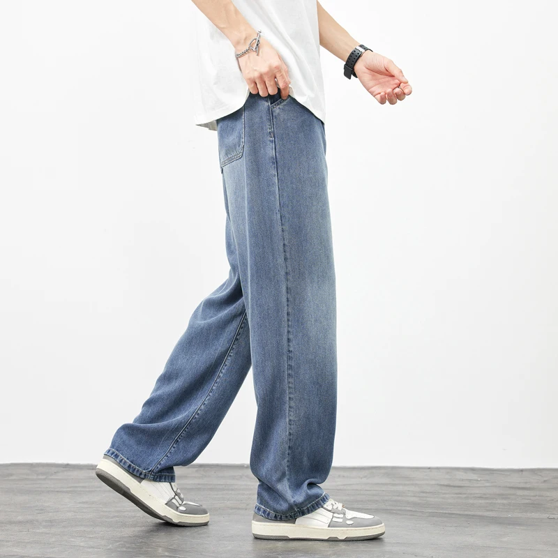 Lyocell Soft Cozy Jeans Men's Autumn Vintage Fashion Street Denim Trousers Male Clothes Korea Baggy Straight Casual Pants Blue 4