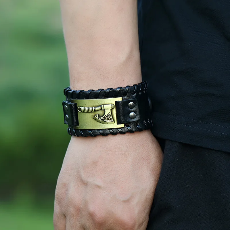 

Viking Axe Men's Leather Bracelet Three Colors Metal Hardware Cowhide Woven Wide Wristband Men's Accessories Bracelet