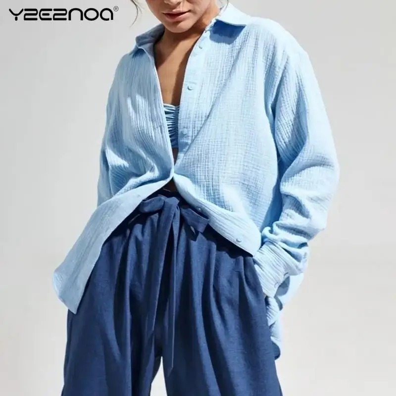 

Женская хлопковая рубашка с длинным рукавом, свободная однотонная офисная блузка из крепа, весна-осень 2024