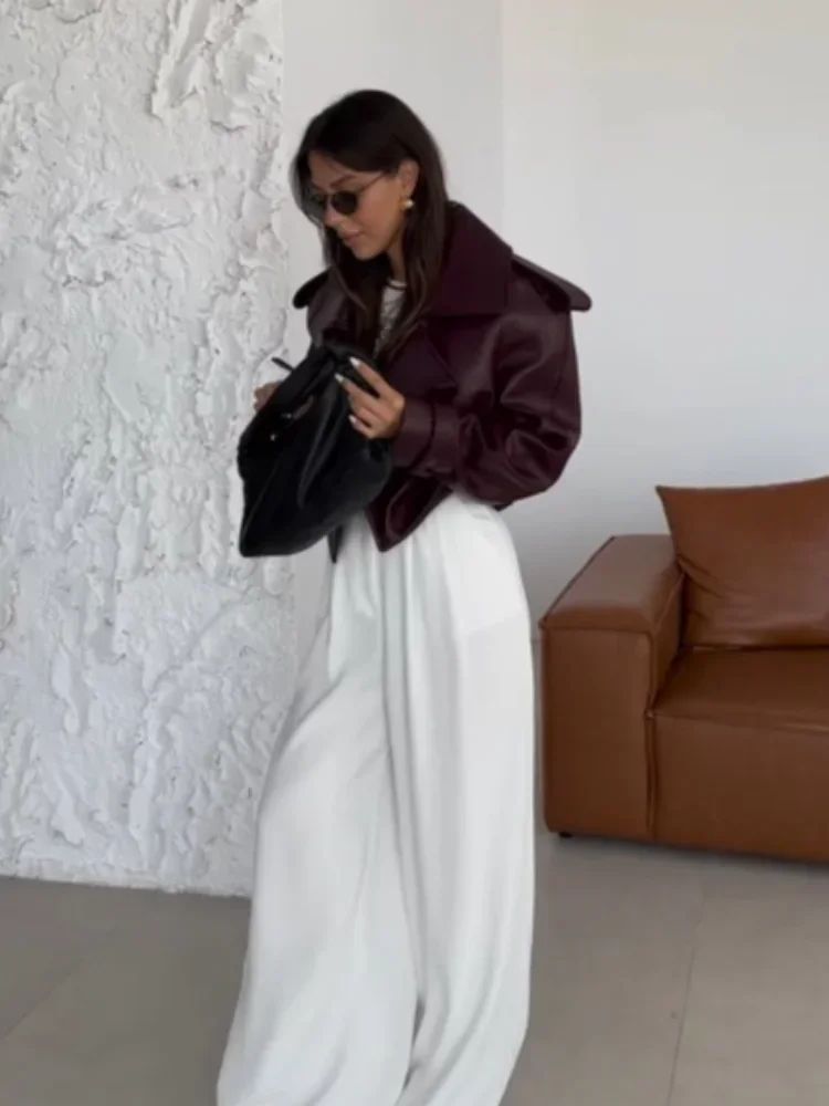 Women's Red Pu Leather Burgundy Solid Lapel Cropped Jacket Female Pockets Long Sleeves Short Coat 2024 Lady Autumn Streetwear 4