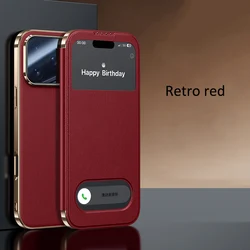 Premium Genuine Leather Flip Case - Elegant Orange Window Book Cover - iPhone 17 Pro (Retro red)