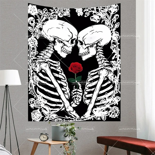Tapisserie de mariage pour Couple amoureux du crâne, carte de Tarot, étoile, lune, Divination, tissu mural bohème, squelette, couvertures à fleurs de roses 4