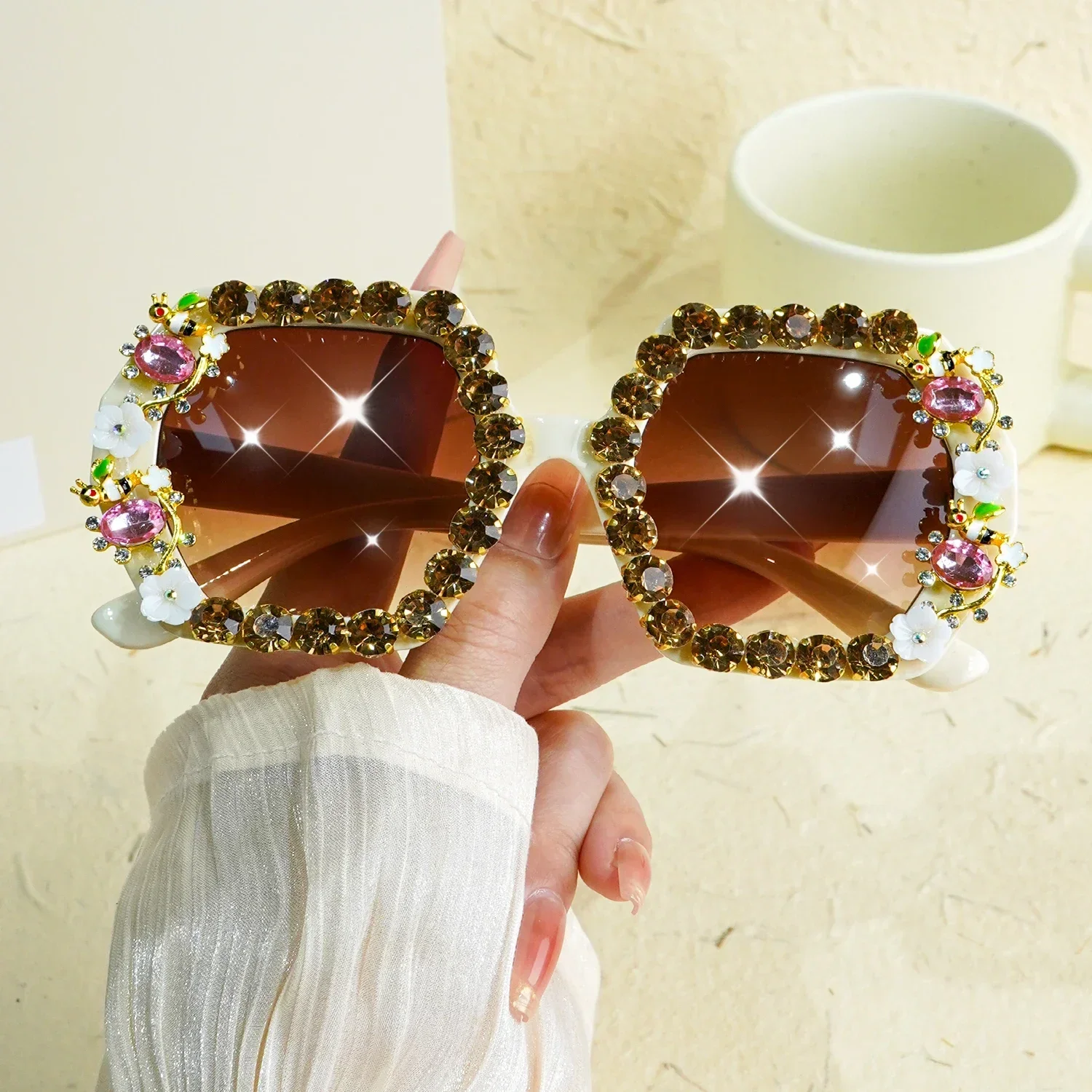 Handcrafted Unique Floral Rhinestone Square Style Sunglasses Festival Wear NWT Retro Glam Festival Sunglasses, Floral Sunnies With Blue  main image 3