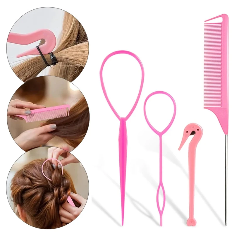 Hair Tail Tools, 4pcs Hair Loop Tool Set With 2pcs French Braid Tool Loop  1pc Rat Tail Comb Metal Pin Tail Braiding Comb, 1pc Elastic Rubber Band  Cutter For Hair - Elastic