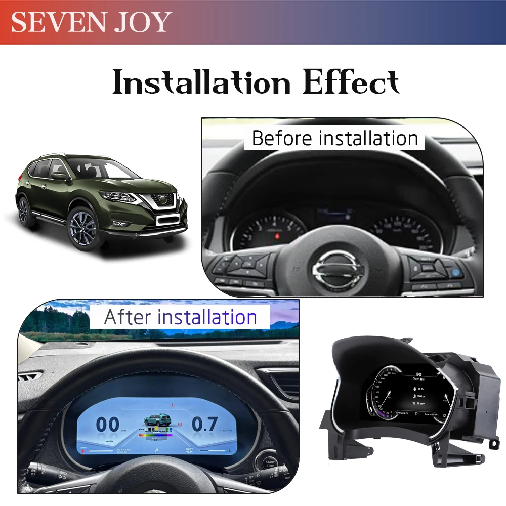 Pantalla LCD de 12.3" para el tablero de Nissan X-Trail 2014-2022, odómetro, velocímetro, cabina virtual, panel de instrumentos digital, CarPlay 2
