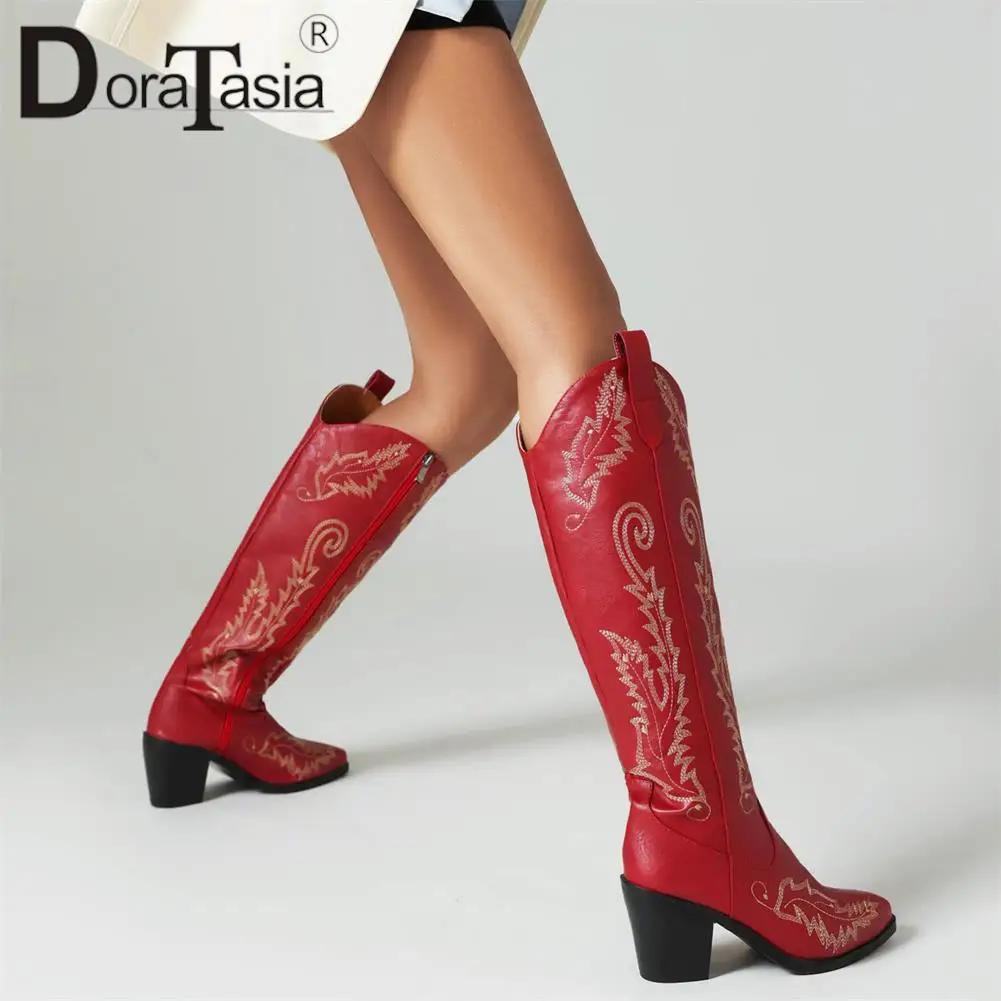 Brand Design Ladies Vintage Embroider Cowboy Boots Fashion Zip Chunky High Heels Pointed Toe women's Boots Casual Party Shoes