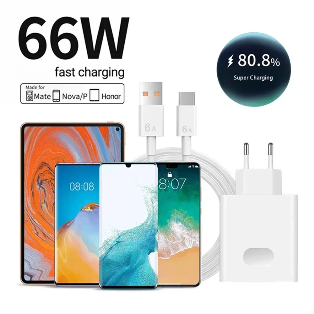 66W USB Fast Charge Power Adapter with 6A Type-C Cable Quick Charge For iPhone 16 15 Xiaomi Samsung Huawei Mate P60 Nova Charger