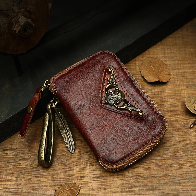 

Retro Genuine Leather Portable Key Case Multi-functional Mini Cowskin Card Holder Vintage Cowhide Coin Purse Crazy Horse