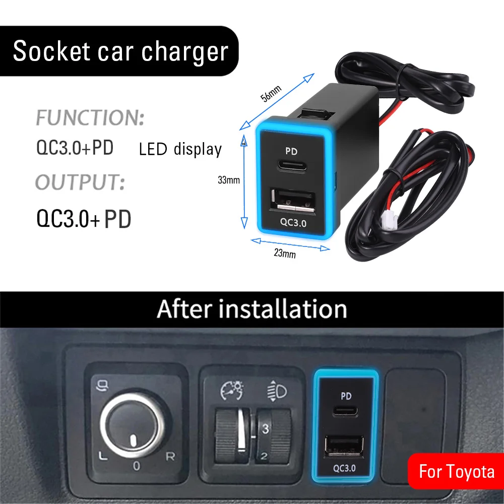 USB C Car Charger PD QC3.0 Dual USB Fast Charger Socket 12V Mobile Phone Charge Power Adapter Outlet For Toyota ZW