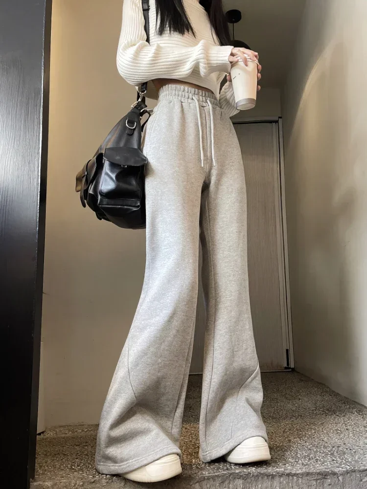 Deeptown Korean Style Grey Brushed Pants Women Gyaru Kpop Wide Leg Flared Sweatpants Y2k American Retro Oversize Jogger Trousers