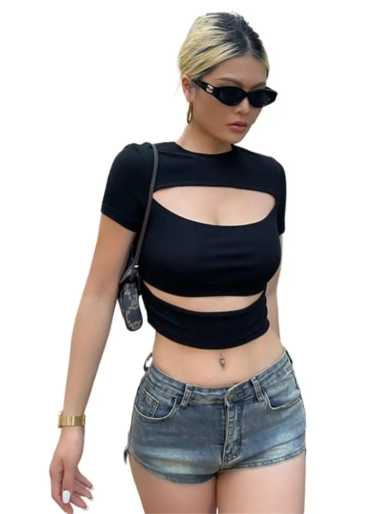 

Summer Women's Knitted Cotton O-Neck Cropped Tops Chest Hollow Out Trendy High Street Party Slim T-shirts Blouses топ женский