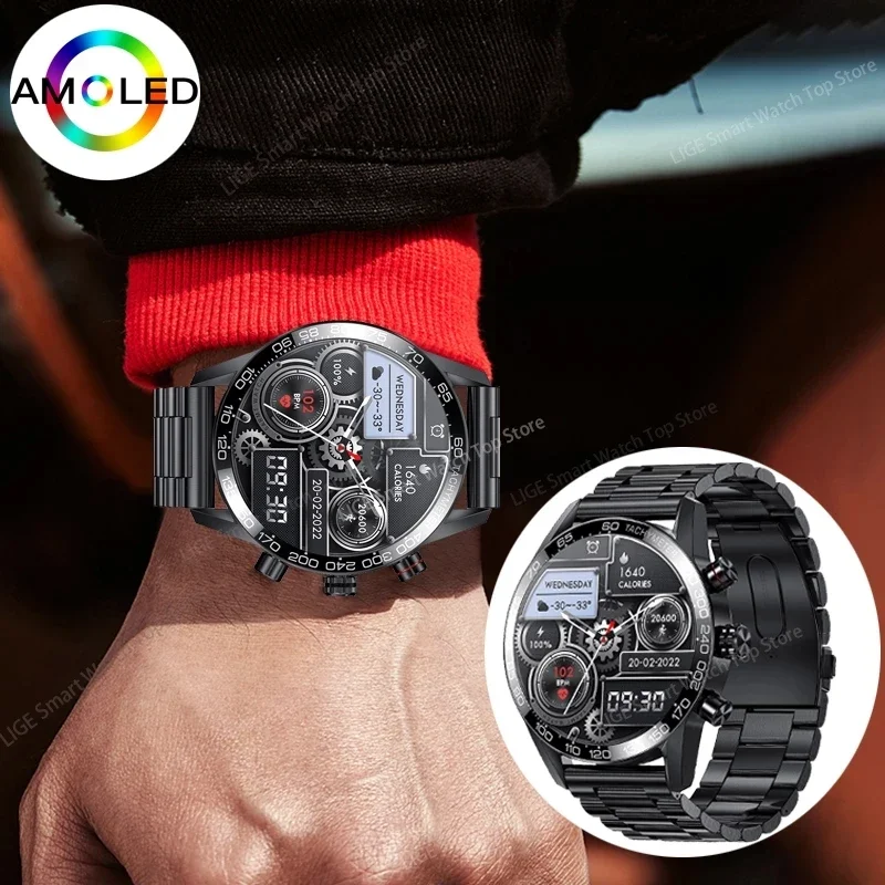 Lige 360 AMOLED HD Screen Watch for Men Smart Watch Bluetooth Calling Smartwatch Fashion Business Clock New Smartband Man smart watch
