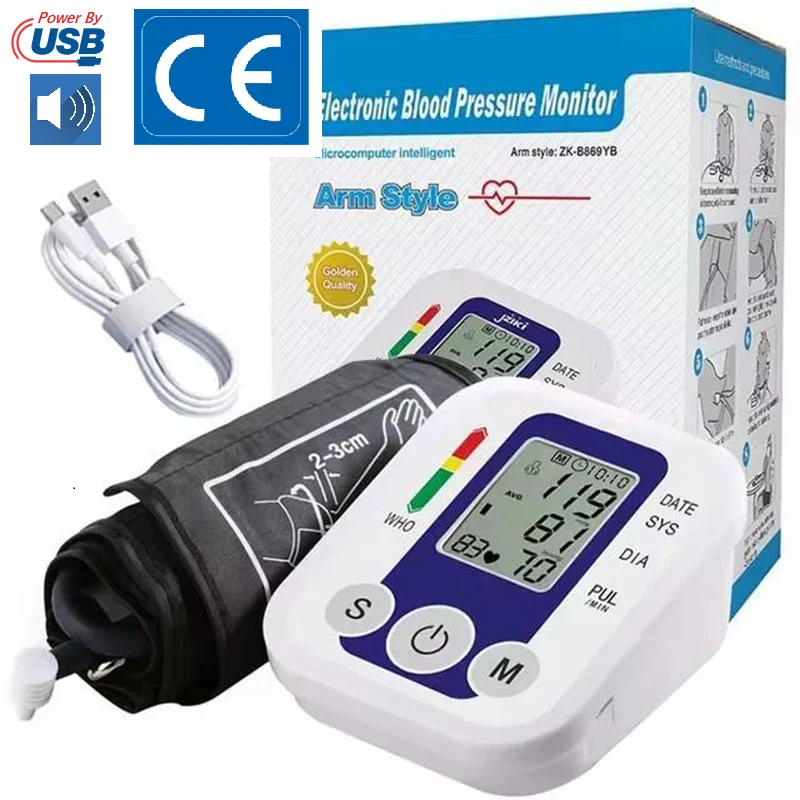 USB Digital Arm Blood Pressure Test Kit Cuff Sensor Monitor BP Automatic Pressure Tonometer Tensiometer Heart Rate Pulse Meter