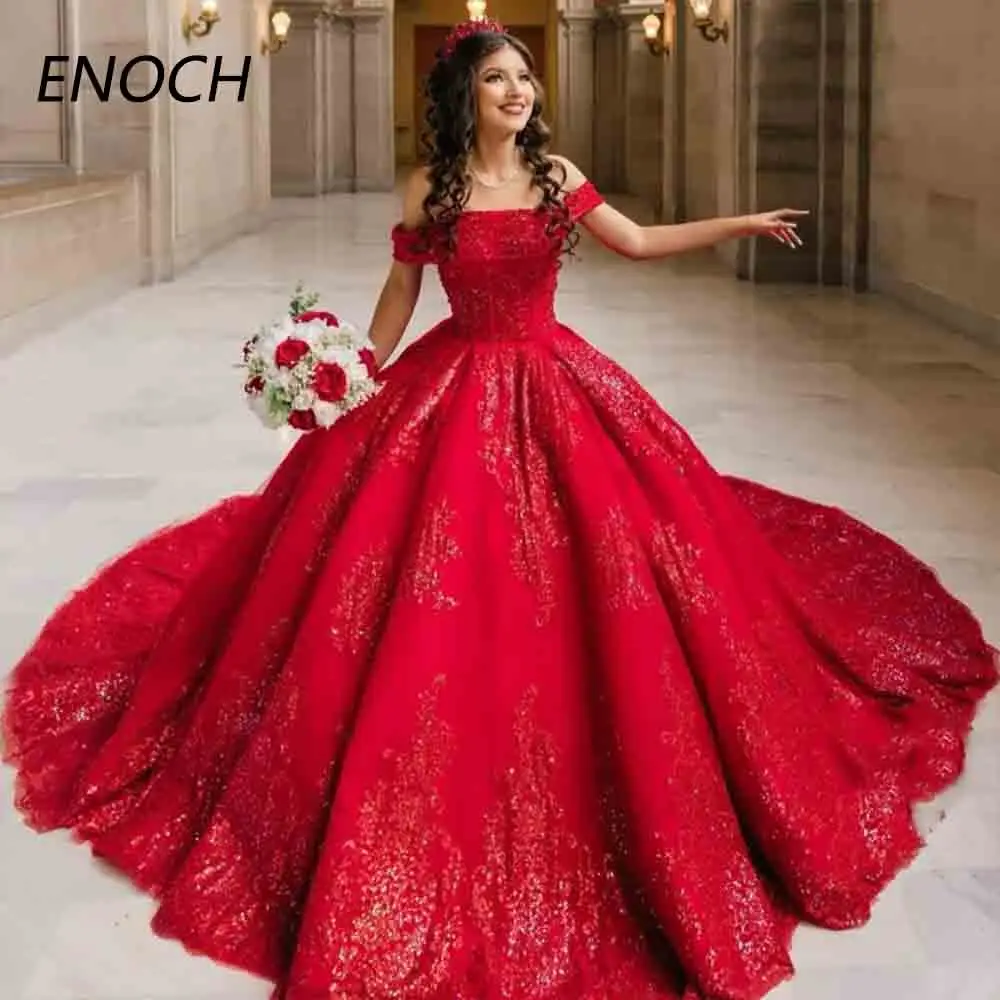 

ENOCH Exquisite Red Quinceanera Dresses With Bow Off Shoulder Appliques Lace Up Grils Birthday Party Ball Gown Vestido De 15 New