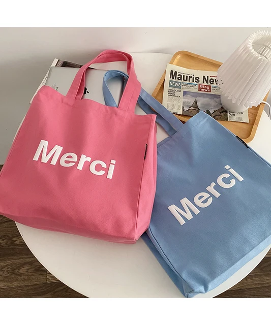 Merci Women Big Canvas Shoulder Bags French Print Eco Friendly