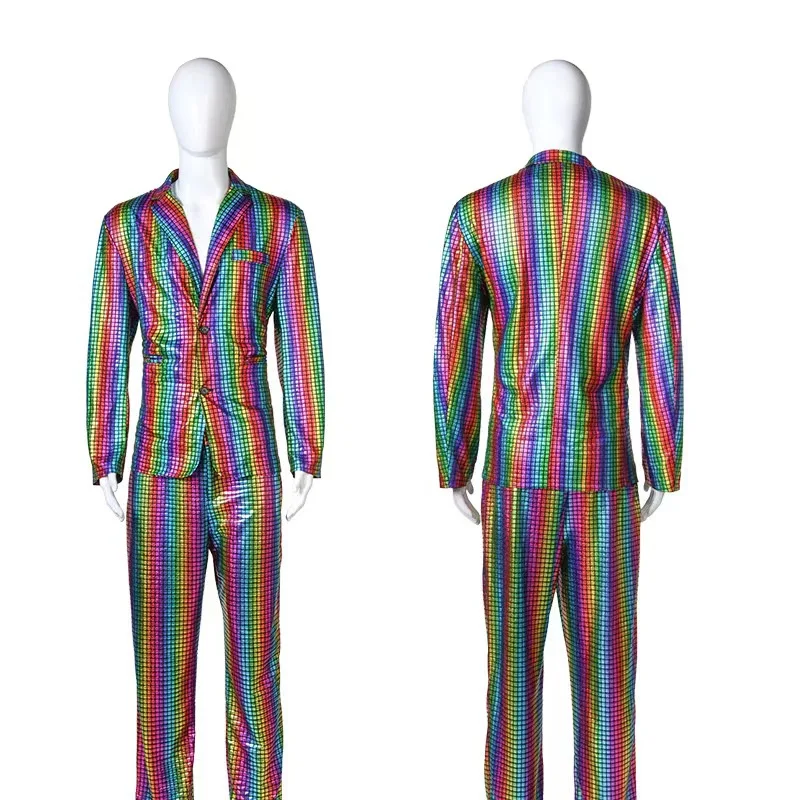 Men's Halloween Rainbow Grid Gold Silver Hot Stamping Stage Nightclub Cool Performance Shiny Suit Jacket + pants 2-piece Set