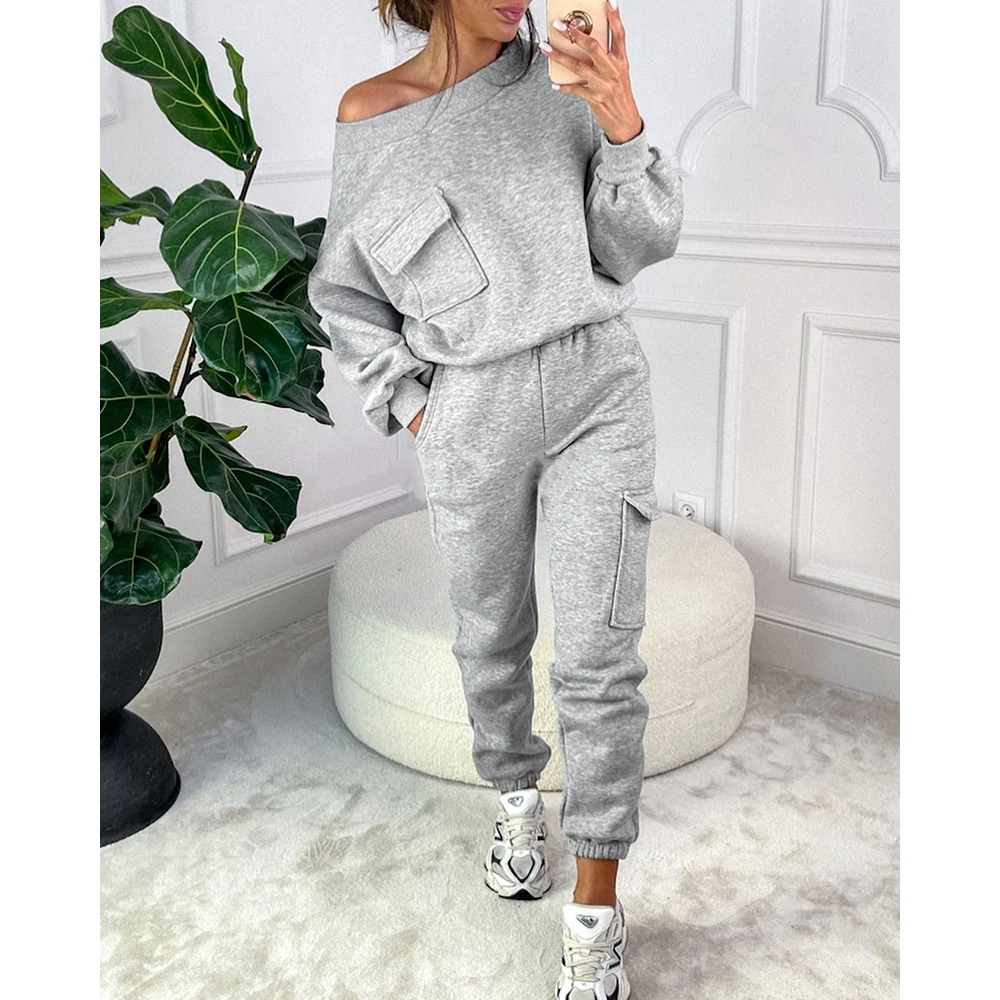 Autumn Winter 2PCS Set Tracksuit Women Multi-pocket Design Long Sleeve Sweatshirt & Elastic Cuffed Pants Sets Sporty Streetwear men s sets short sleeve shorts 2piece letter design short sleeve comfortable t shirt suit casual fashion sport men tracksuit