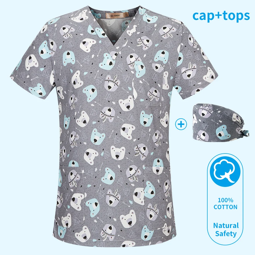 Medical Scrubs Animal Print Surgery Scrubs Tops Pet Grooming Uniforms Beauty Salon Work Clothing Pet Clinic Veterinary Health Check Uniforms